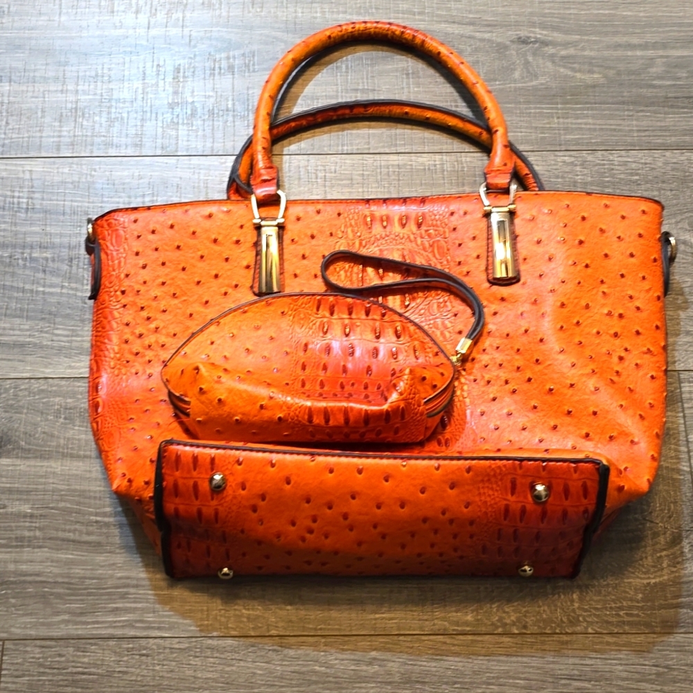 Vibrant Orange Embossed Satchel with Structured Design. 2 In One.